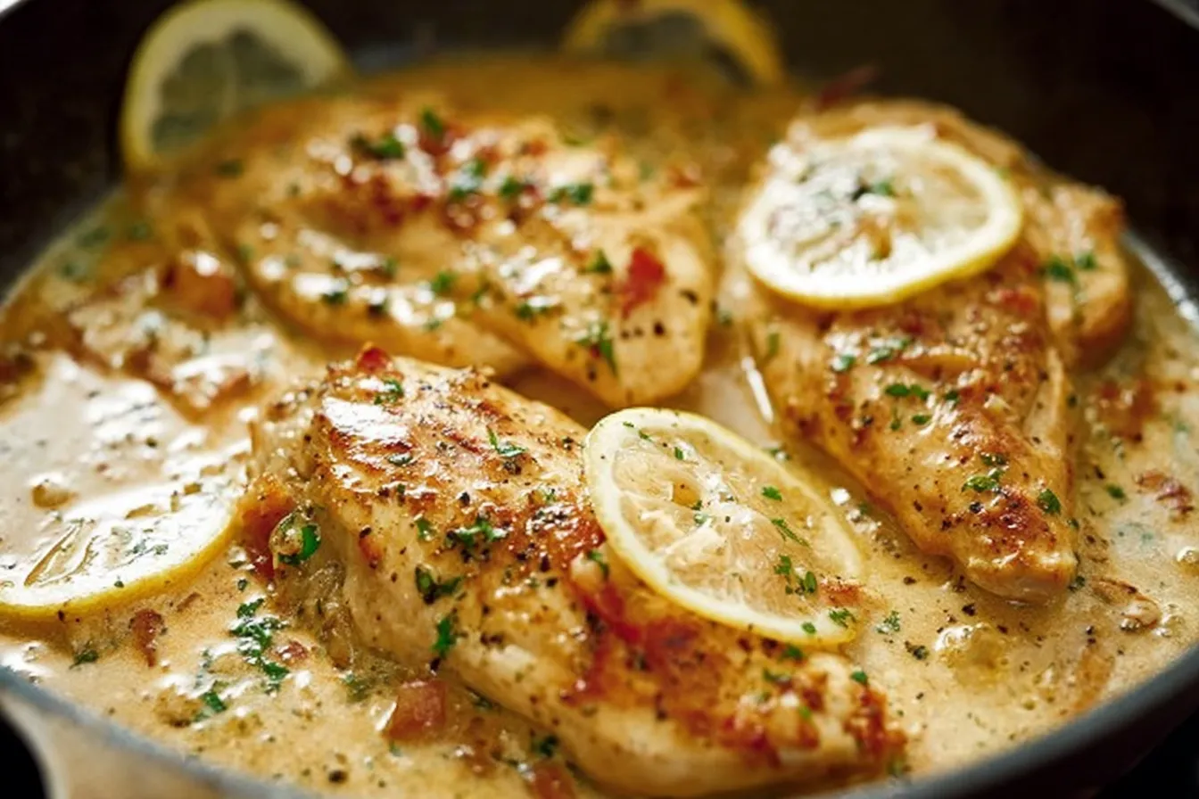 One Skillet Chicken with Lemon Garlic Cream Sauce