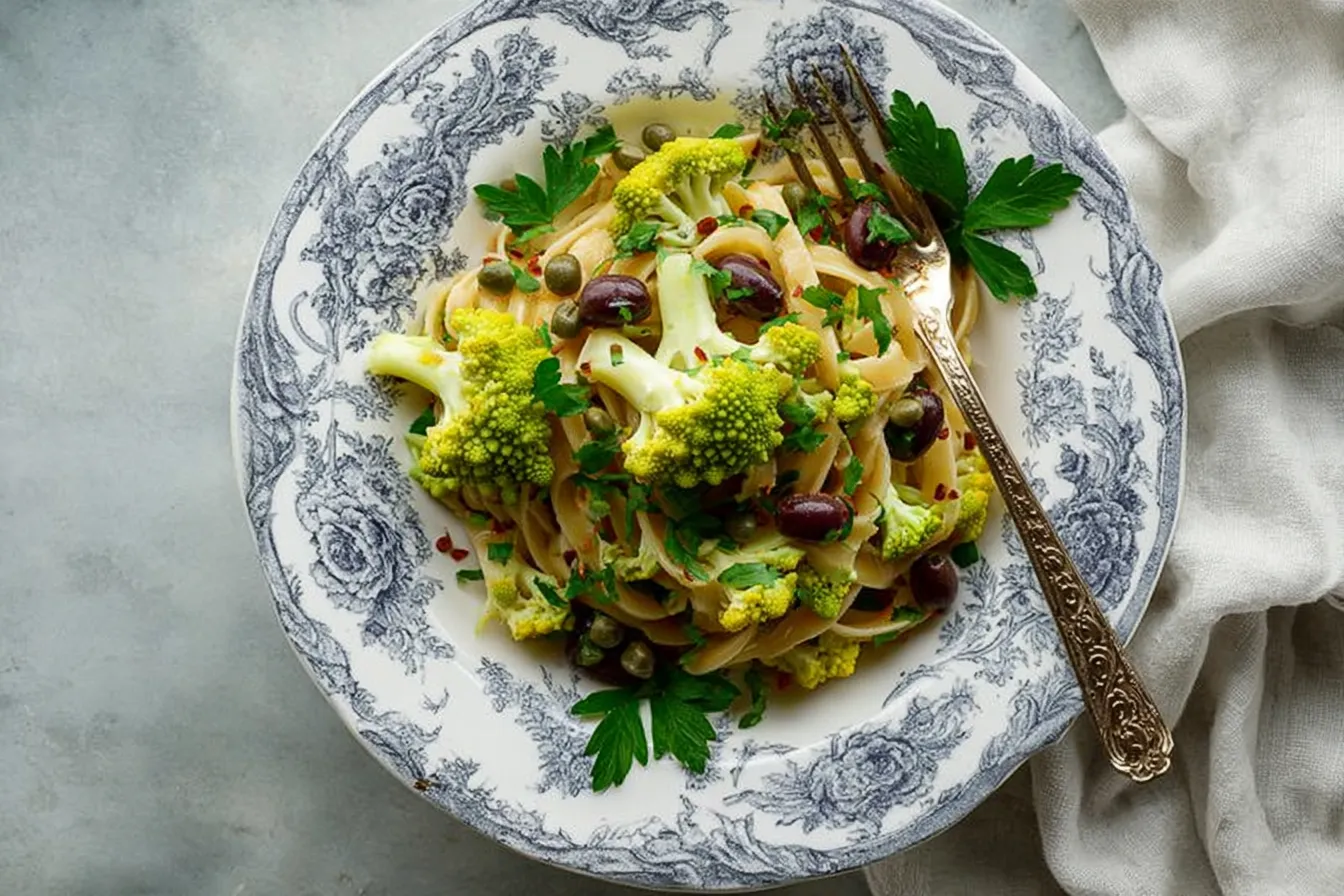 Romanesco Cauliflower Pasta with Olives, Capers, and Parsley