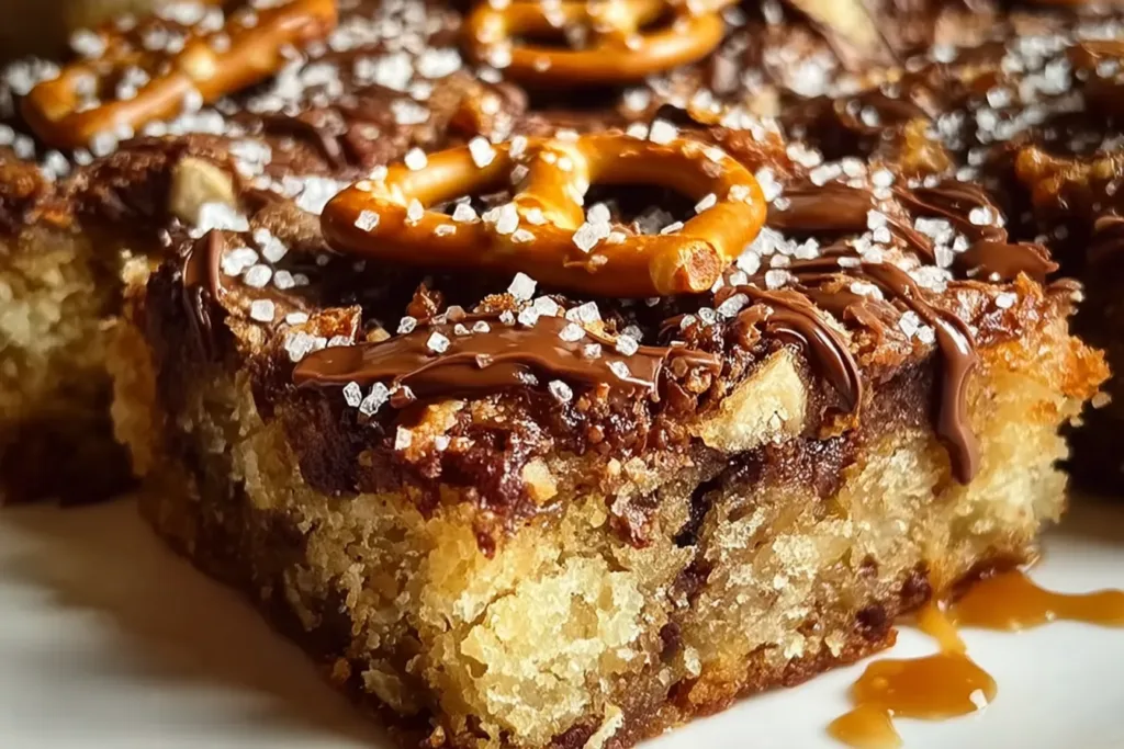 Salted Caramel Pretzel Blondies on a Wooden Serving Board