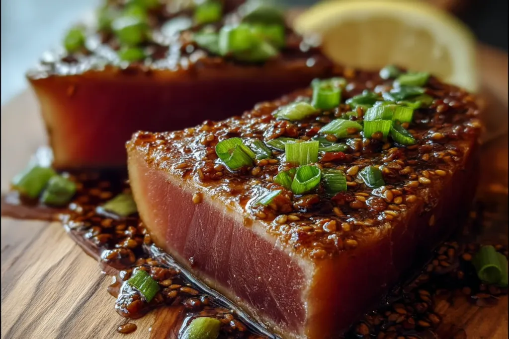 Soy-Ginger Tuna Steaks Plated with Fresh Vegetables