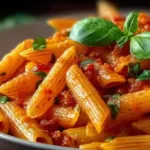 Spicy Penne Arrabbiata with Fresh Basil and Olive Oil Dish