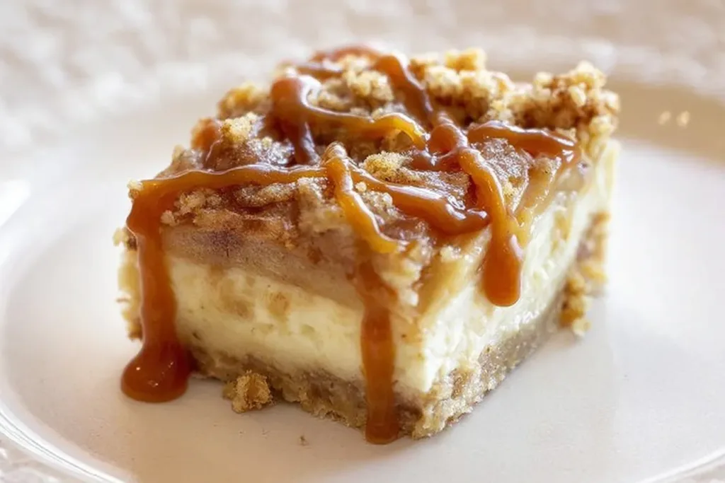 Caramel Apple Cheesecake Bars on a White Plate