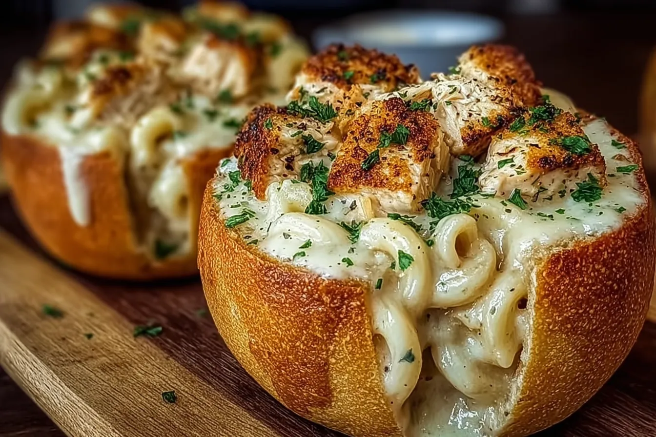 Chicken Alfredo Garlic Bread Bowls – Cheesy, Creamy