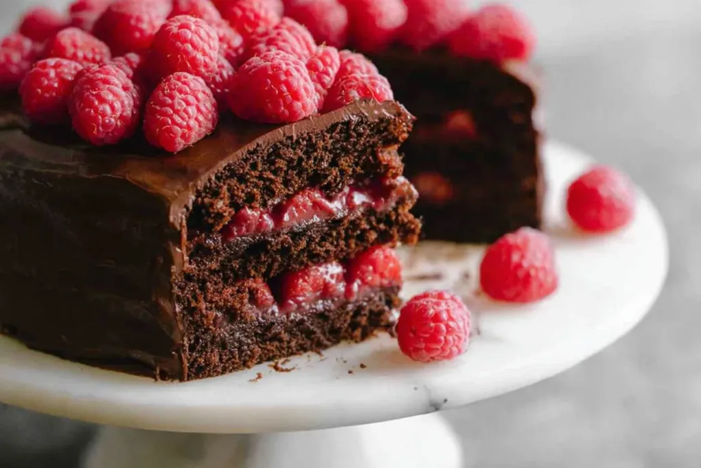 Chocolate Raspberry Cake Slices on a Plate