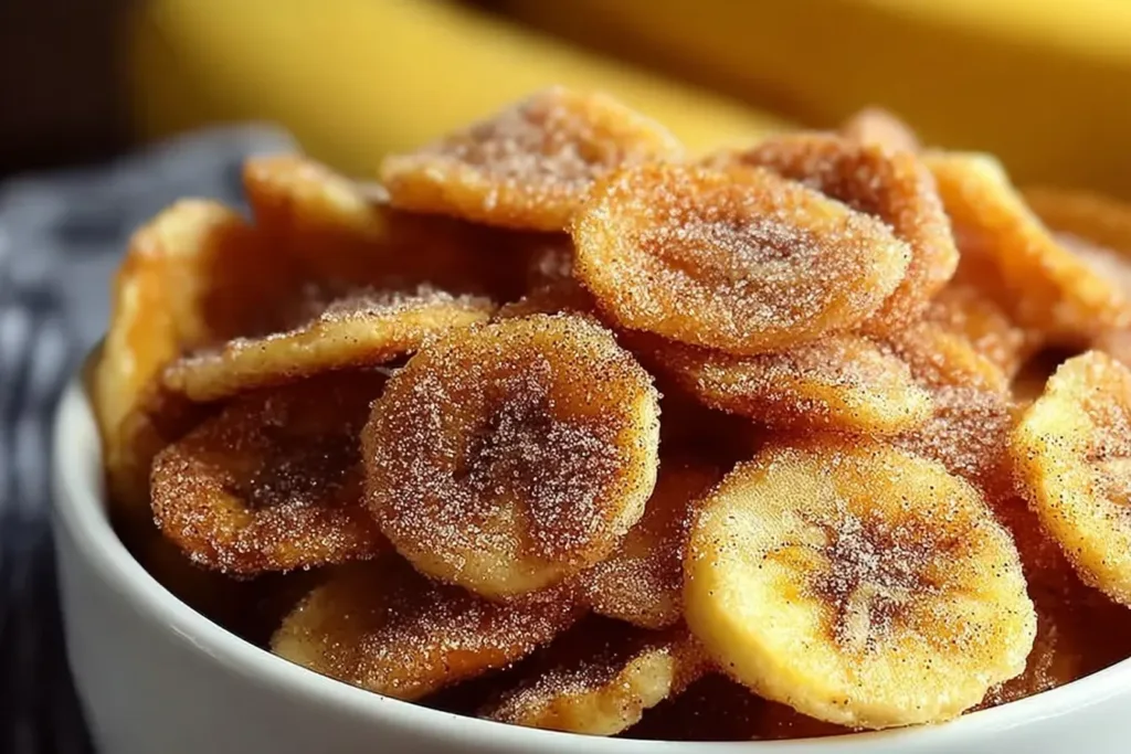 Cinnamon-Sugar Air Fryer Banana Chips in a Bowl