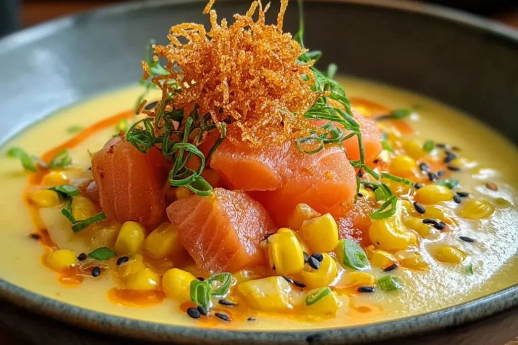 Corn Gazpacho with Salmon and Crispy Rice - Summer's Best Bite
