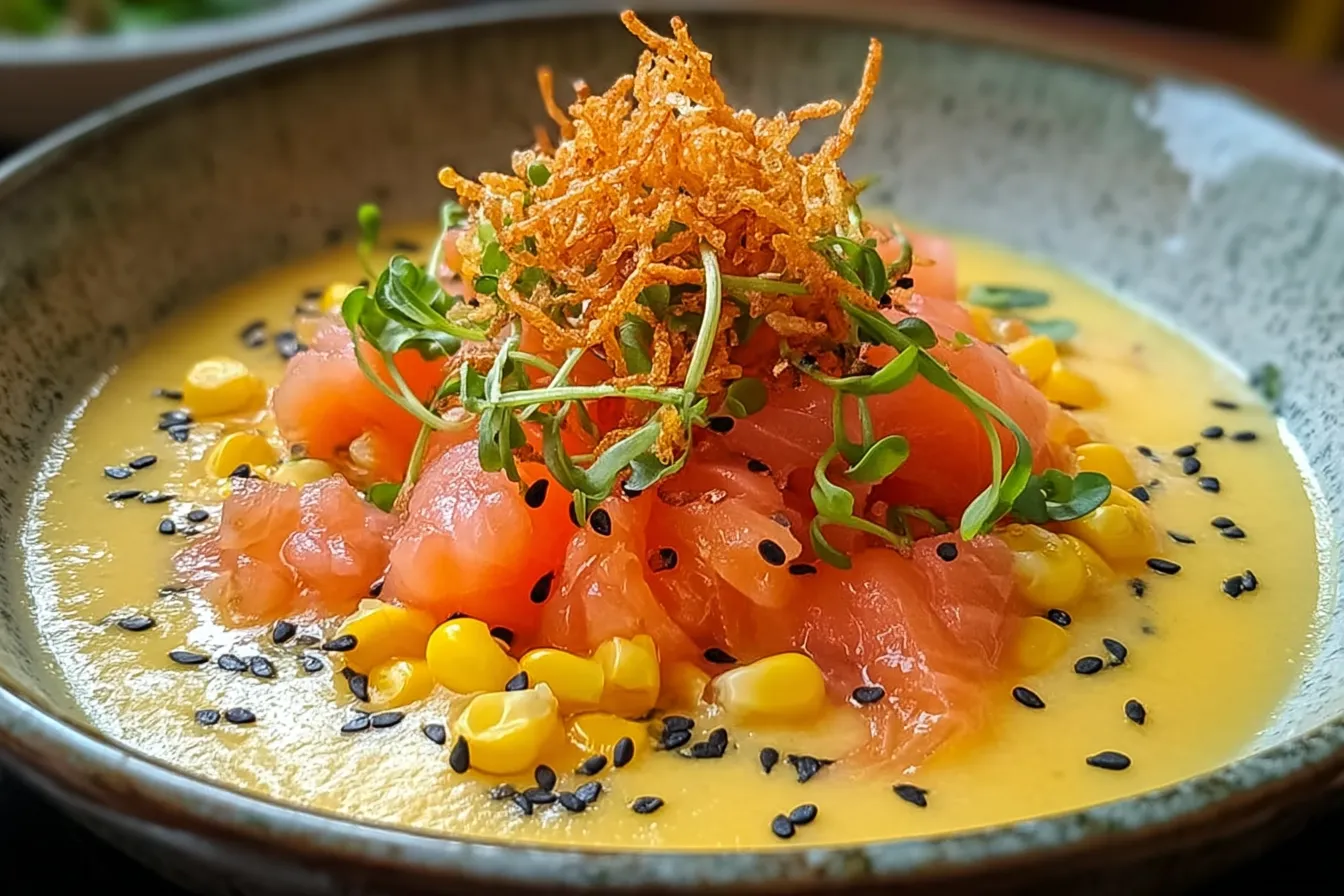Corn Gazpacho with Salmon & Crispy Rice – Summer’s Best Bite 