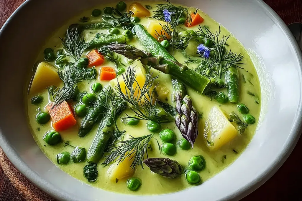 Cream of Spring Vegetable Soup in a Rustic Bowl