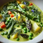 Cream of Spring Vegetable Soup in a Rustic Bowl