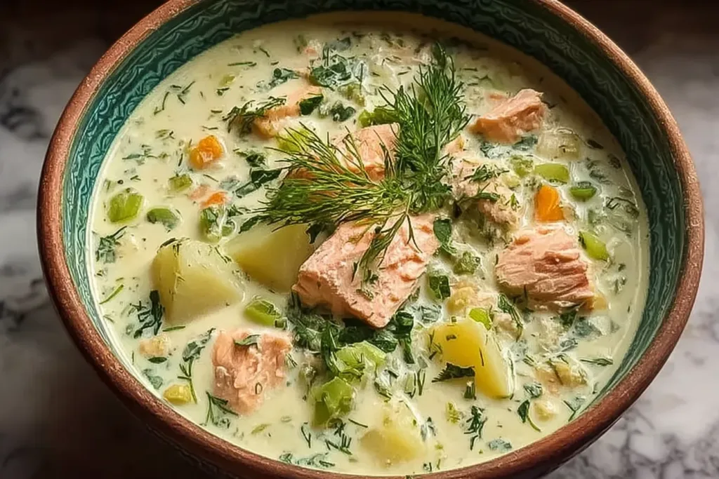 Creamy Dill Salmon Soup in a Bowl with Fresh Dill Garnish