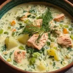 Creamy Dill Salmon Soup in a Bowl with Fresh Dill Garnish