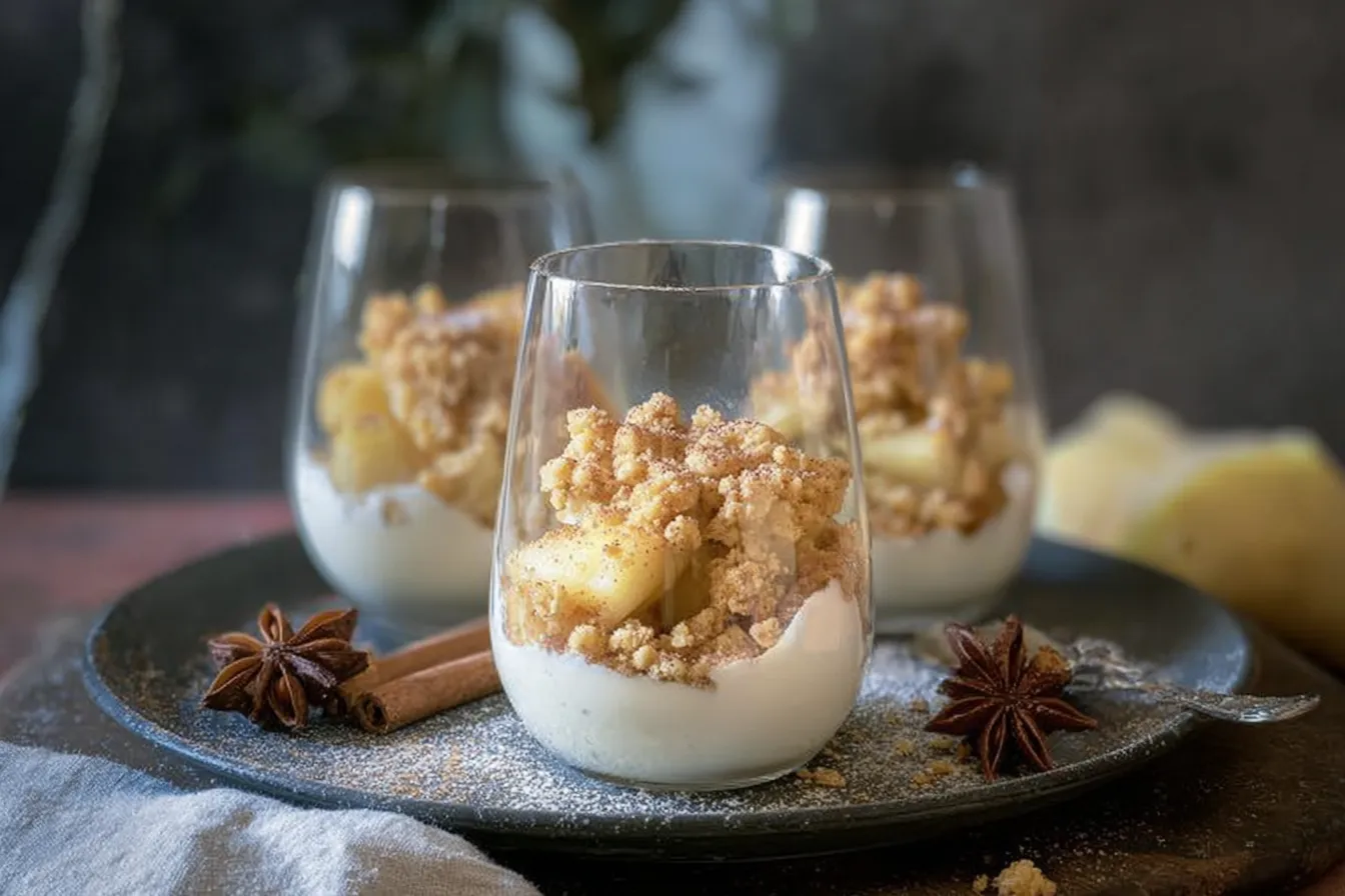 Crumble aux pommes cuites sur crème à la cannelle – un dessert en verre
