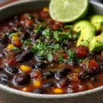 Daniel Fast Black Bean Soup in a Bowl with Avocado Slices