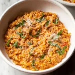 Ground Beef Orzo with Tomato Cream Sauce in a Bowl