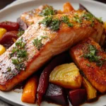 Maple-Glazed Salmon on a Plate with Roasted Root Vegetables