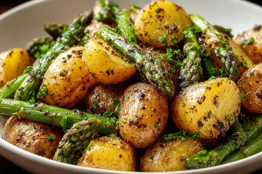 One-Pan Garlic Potatoes and Asparagus Ready to Serve