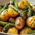 One-Pan Garlic Potatoes and Asparagus Ready to Serve