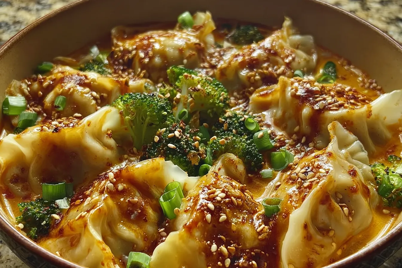Oven-Baked Dumplings with Peanut Sauce