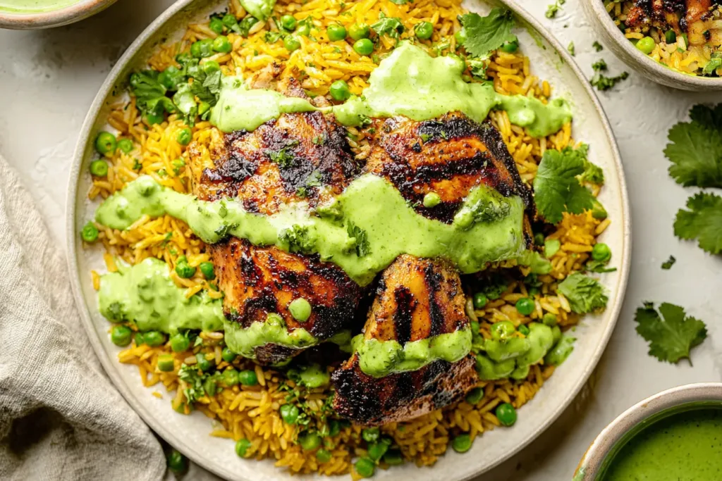 Delicious Peruvian Chicken & Rice with Green Sauce Plate