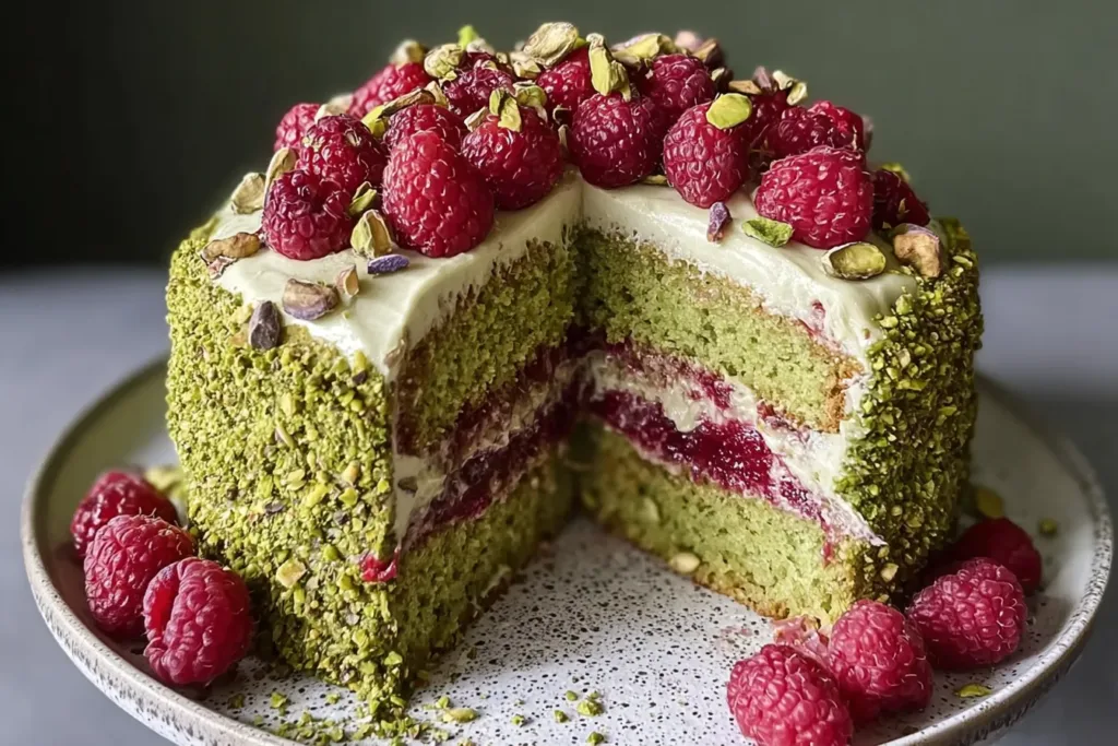 Vibrant Pistachio Raspberry Cake Slice