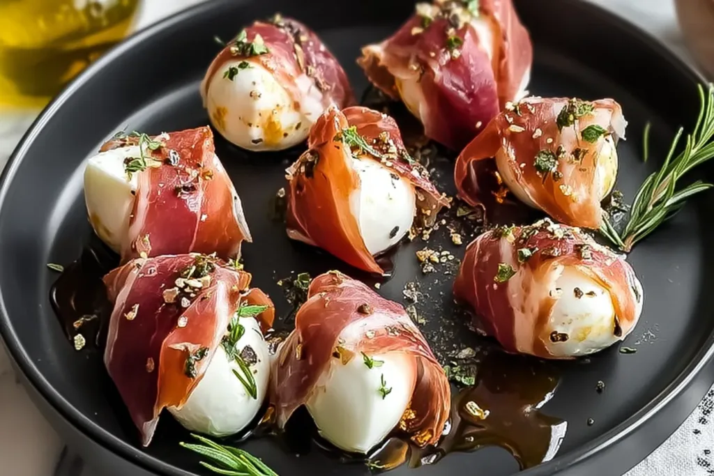 Delicious Prosciutto Wrapped Mozzarella Bites on a Platter
