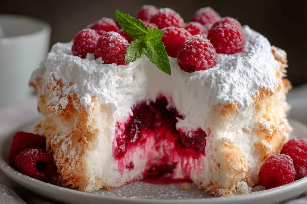 Raspberry Angel Food Cake Slice on a Plate