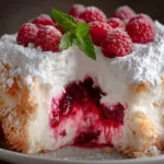 Raspberry Angel Food Cake Slice on a Plate