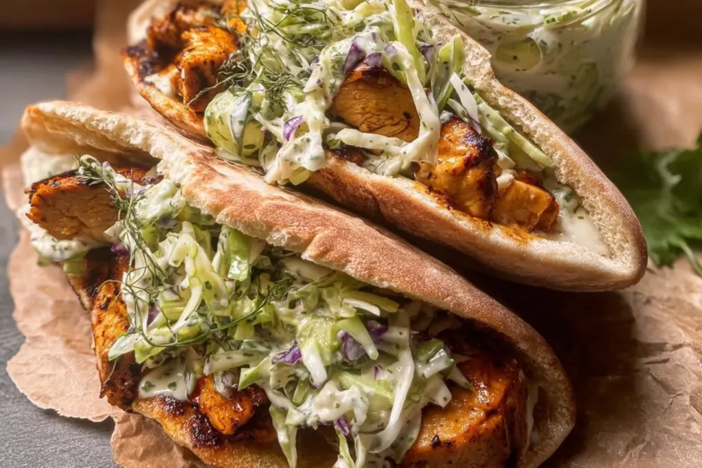 Sheet Pan Chicken Pitas with Herby Ranch Slaw on a Serving Platter