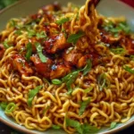Sticky Garlic Chicken Noodles in a Bowl