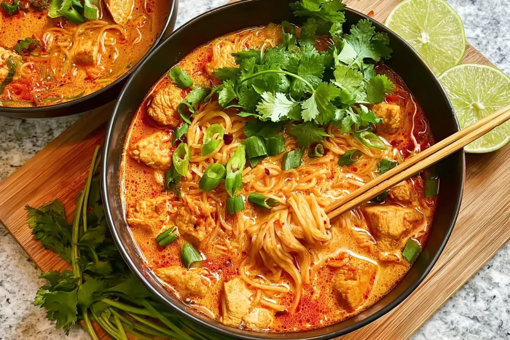 Vibrant Thai Red Curry Noodle Soup in a Bowl