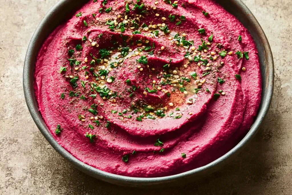 Vibrant Beet Hummus in a Bowl with Fresh Vegetables