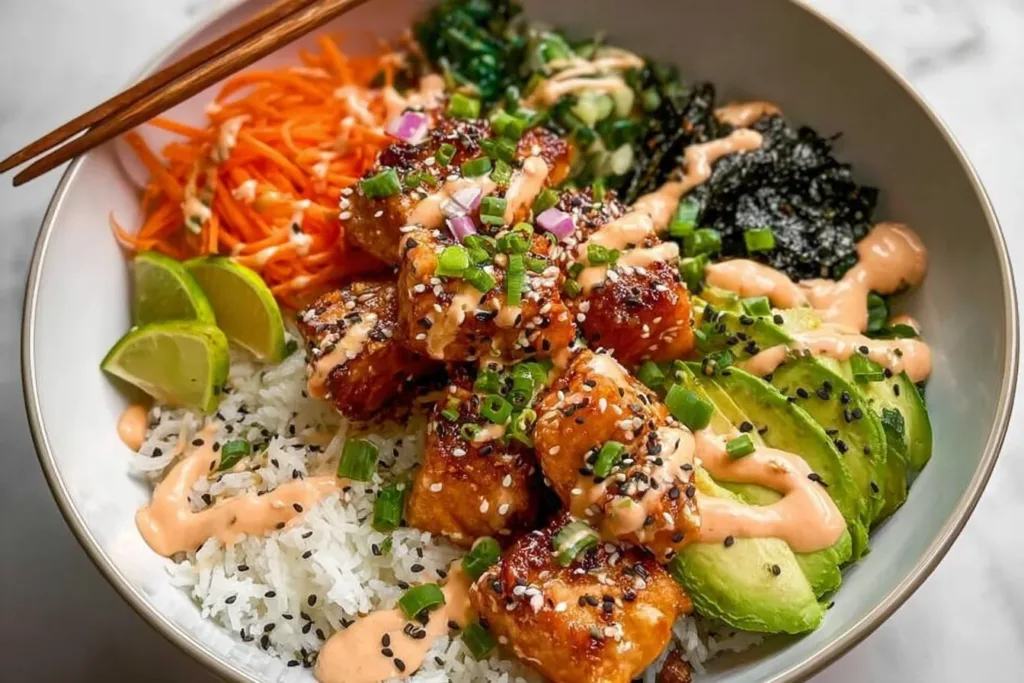Crispy Sesame Salmon Bowl with Vegetables and Spicy Mayo