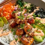 Crispy Sesame Salmon Bowl with Vegetables and Spicy Mayo