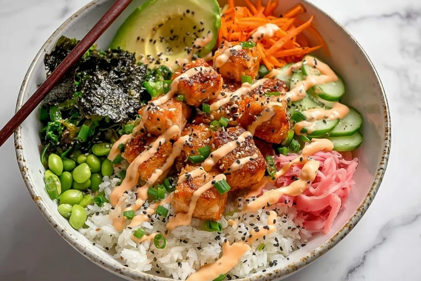 Crispy Sesame Salmon Bowls with Vegetables and Spicy Mayo Recipe