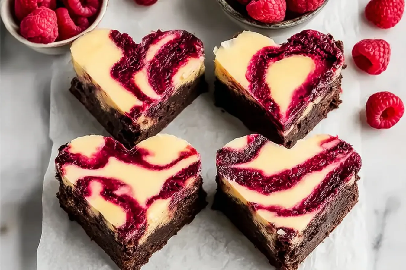 Heart Shaped Brownies (with Raspberry Swirl and Cheesecake Topping)