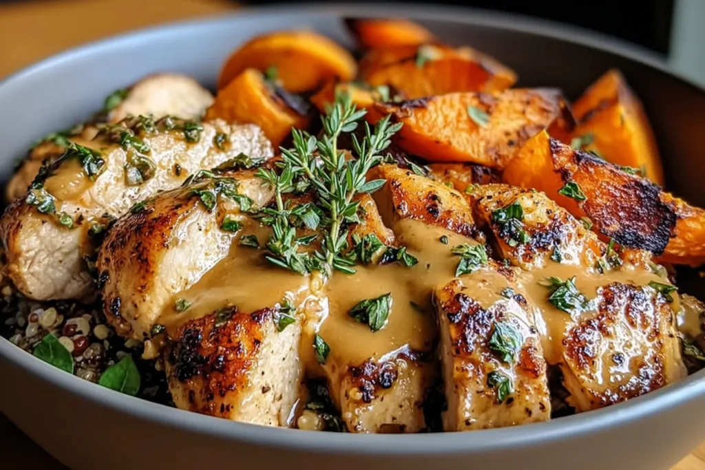 Delicious Maple Dijon Chicken & Sweet Potato Bowl