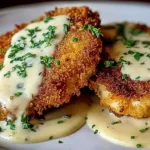 Parmesan Crusted Chicken with Creamy Garlic Sauce on Plate