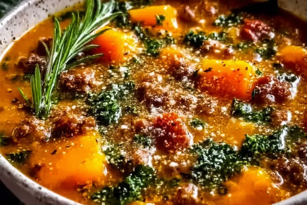 Slow Cooker Butternut Squash Sausage Soup in a Bowl