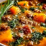 Slow Cooker Butternut Squash Sausage Soup in a Bowl