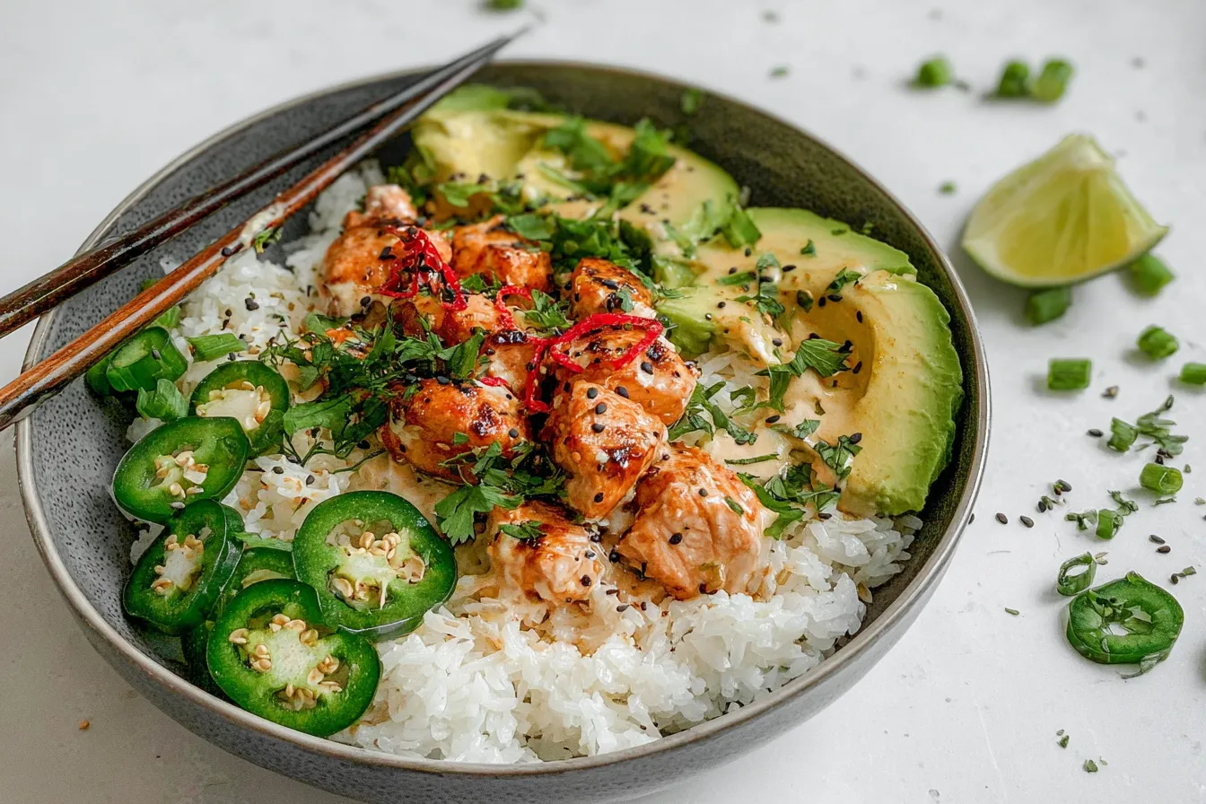 Spicy Salmon Bowls with Coconut Rice