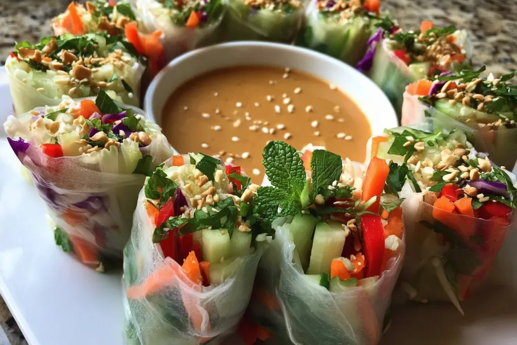Colorful Spring Roll Salad with Peanut Dressing in a Bowl