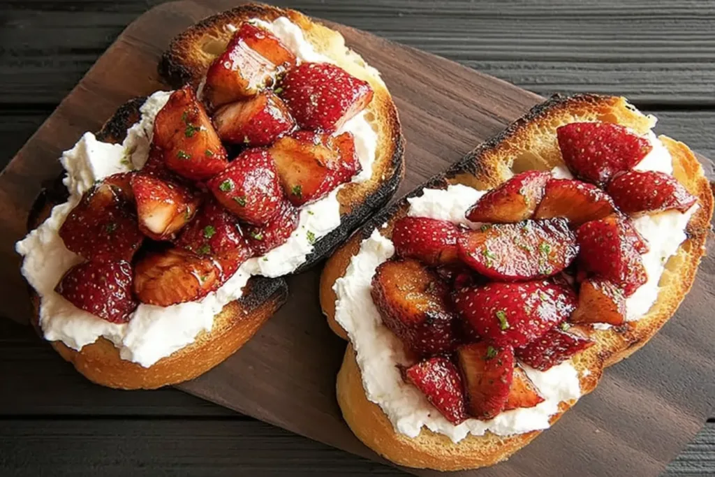 Strawberry Goat Cheese Bruschetta on a Rustic Wooden Board