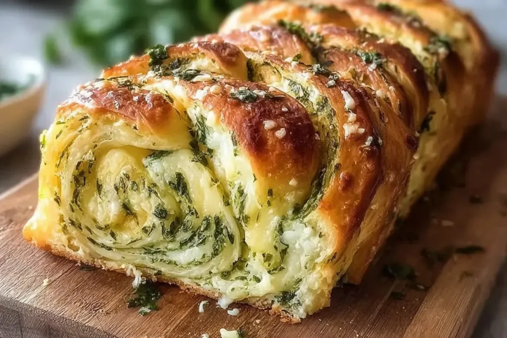 Delicious Swirled Garlic Herb and Cheese Bread Freshly Baked
