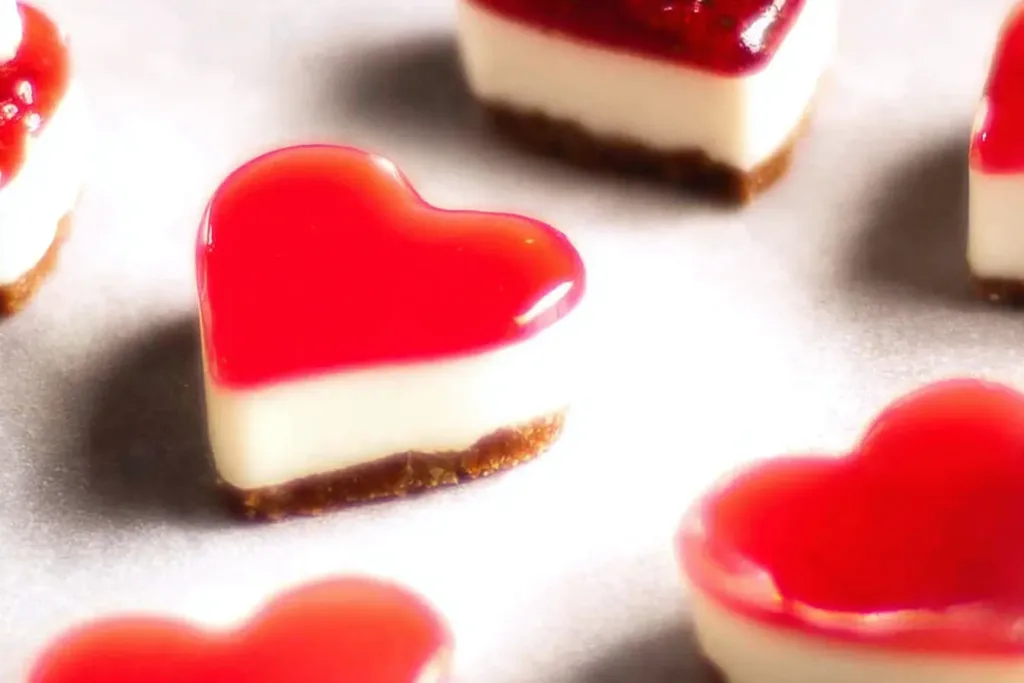 V-Day Mini Heart-Shaped Strawberry Cheesecakes on a Plate