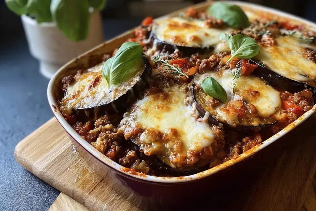 Baked Layered Eggplant with Beef Ragu and Smoked Mozzarella Plated