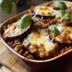 Baked Layered Eggplant with Beef Ragu and Smoked Mozzarella Plated