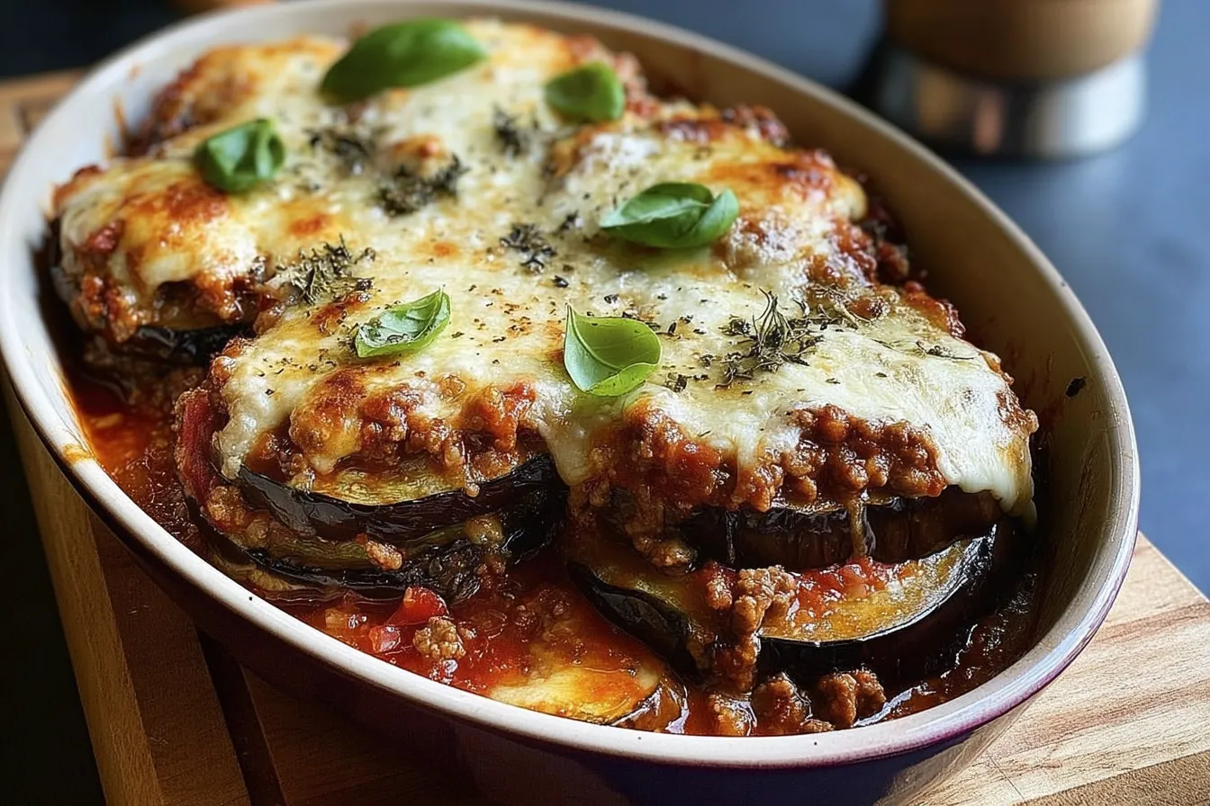 Baked Layered Eggplant with Beef Ragu and Smoked Mozzarella 