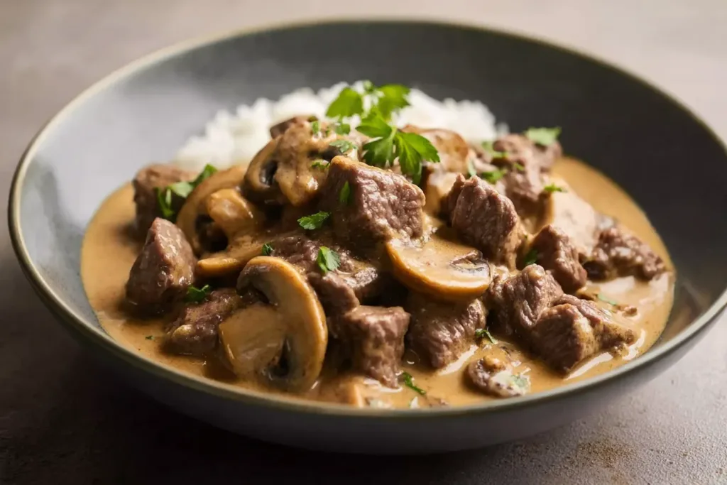 Beef and Mushroom Keto Stroganoff in a Cozy Bowl