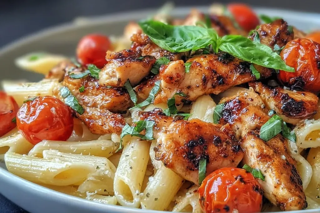 Bruschetta Chicken Pasta Served in a Bowl