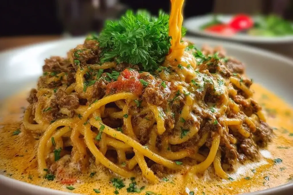 Cajun Beef Spaghetti in Creamy Three-Cheese Parmesan Sauce - Delicious Dish